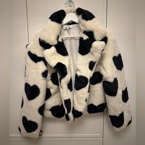 NWOT Black and White Heart Patterned Faux Fur Jacket